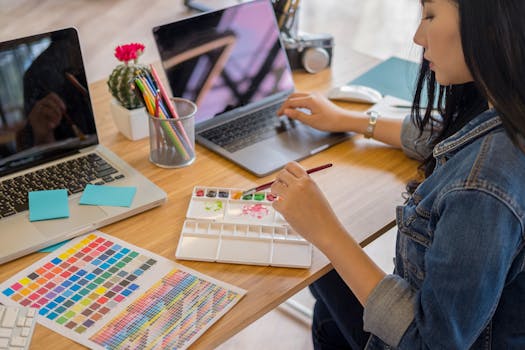 A creative workspace with colorful art