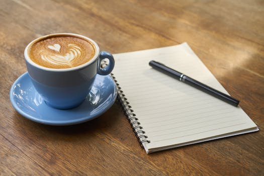 writing desk with a coffee cup