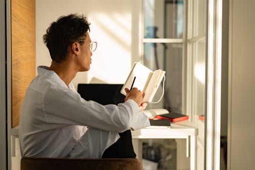 a peaceful workspace with a journal