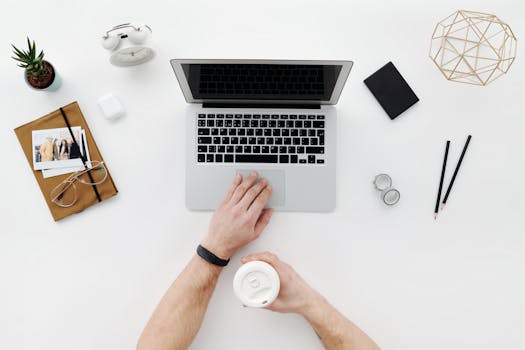 A well-organized workspace with a planner and plant